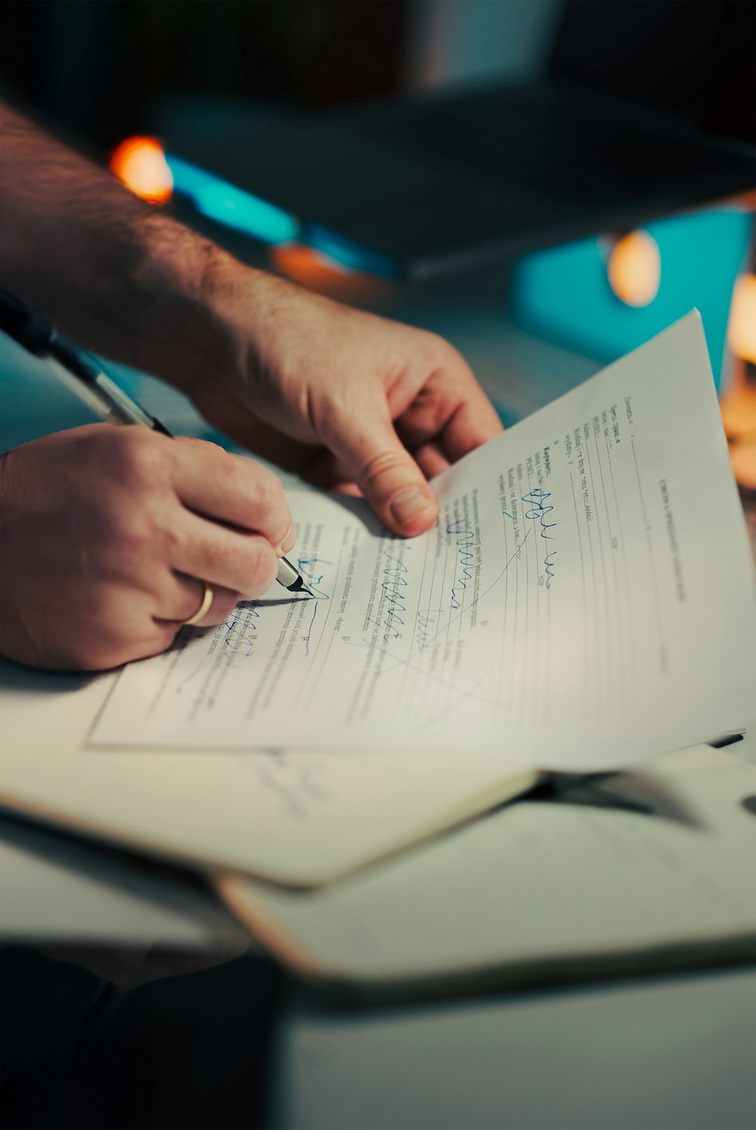 services-04 Hands Signing Car Sale Agreement Document. Close-up male hands filling and signing vehicle transaction